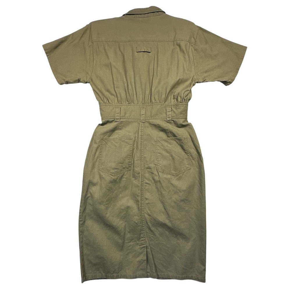 Vintage Nok Nok Dress Womens M Army Green Military Inspired Ramie Cotton Midi - Picture 2 of 12